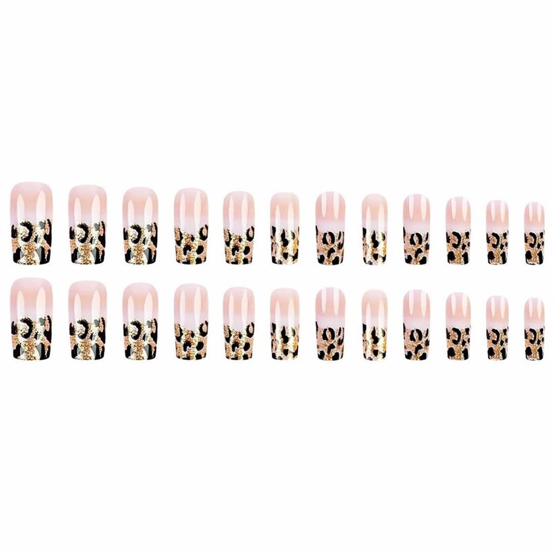 juggssa Long Coffin Press on Nails French Fake Nails Glossy Acrylic Press On Nails with Glitter Leopard Print Designs French Style Gradient Acrylic Full Cover Glue on Nails Long False Nails for Women 24PCS - Image 5